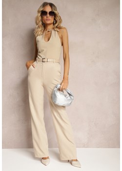 Ciemnobeżowe Garniturowe Spodnie High Waist z Kieszeniami Blathe ze sklepu Renee odzież w kategorii Spodnie damskie - zdjęcie 172197972