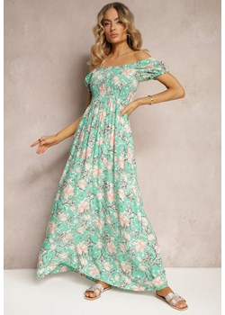 Zielona Kwiecista Sukienka o Rozkloszowanym Kroju z Marszczoną Górą Eliseria ze sklepu Renee odzież w kategorii Sukienki - zdjęcie 172198094