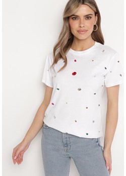 Biały T-shirt Ozdobiony Kolorowymi Cyrkoniami Wiadea ze sklepu Born2be Odzież w kategorii Bluzki damskie - zdjęcie 172198201