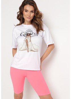 Różowo-Biały  Komplet T-shirt z Nadrukiem i Kolarki z Wysokim Stanem Jannesca ze sklepu Born2be Odzież w kategorii Komplety i garnitury damskie - zdjęcie 172198751