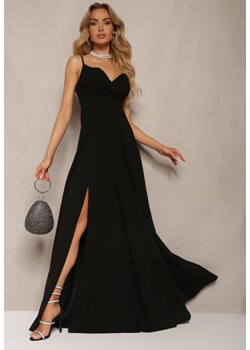 Czarna Elegancka Sukienka o Rozkloszowanym Kroju z Rozcięciem na Ramiączkach z Kopertowym Dekoltem Winelia ze sklepu Renee odzież w kategorii Sukienki - zdjęcie 172242291