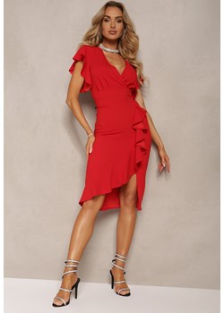 Czerwona Kopertowa Sukienka z Trójkątnym Dekoltem i Falbankami Holana ze sklepu Renee odzież w kategorii Sukienki - zdjęcie 172242301
