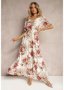 Beżowo-Różowa Sukienka z Gumką w Talii i Kopertowym Dekoltem Wiązana na Plecach Cevona ze sklepu Renee odzież w kategorii Sukienki - zdjęcie 172242550