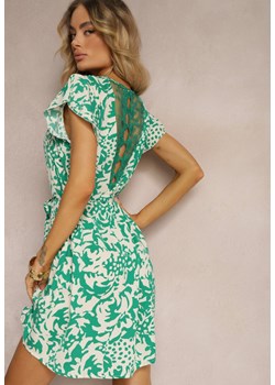 Zielona Sukienka z Dekoltem z Siateczką z Krótkim Rękawem i Materiałowym Paskiem Mleasa ze sklepu Renee odzież w kategorii Sukienki - zdjęcie 172242570