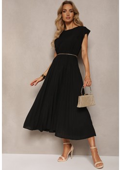 Czarna Rozkloszowana Sukienka z Plisowaniem i Krótkim Rękawem Hevina ze sklepu Renee odzież w kategorii Sukienki - zdjęcie 172242730