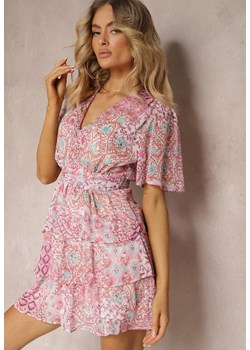 Różowa Sukienka o Rozkloszowanym Kroju z Falbankami i Gumką w Pasie Quireria ze sklepu Renee odzież w kategorii Sukienki - zdjęcie 172242740