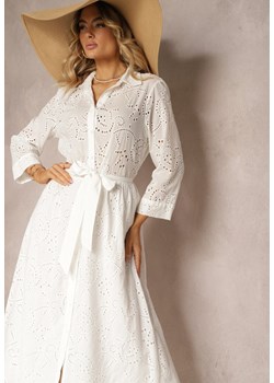 Biała Bawełniana Sukienka Koszulowa z Koronki Zapinana na Guziki z Materiałowym Paskiem Clola ze sklepu Renee odzież w kategorii Sukienki - zdjęcie 172242780