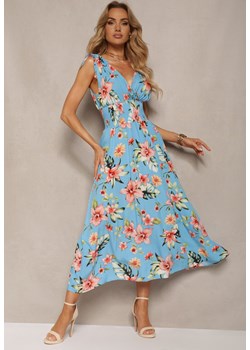 Niebieska Kwiecista Sukienka z Gumką w Talii i Trójkątnym Dekoltem ze Ściągaczami Taseria ze sklepu Renee odzież w kategorii Sukienki - zdjęcie 172242894