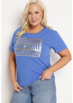 Niebieski Bawełniany T-shirt z Ozdobnym Napisem Floerin ze sklepu Born2be Odzież w kategorii Bluzki damskie - zdjęcie 172244263