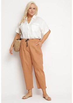 Beżowe  Spodnie z Troczkiem 7/8 z Bawełny Cranestra ze sklepu Born2be Odzież w kategorii Spodnie damskie - zdjęcie 172244343