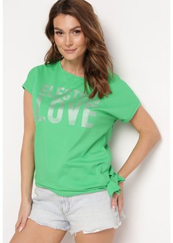 Zielony T-shirt z Bawełny Ozdobiony Nadrukiem z Przodu i Wiązaniem z Boku Abivara ze sklepu Born2be Odzież w kategorii Bluzki damskie - zdjęcie 172246013