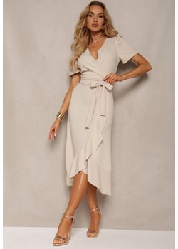 Beżowa Kopertowa Sukienka z Falbanką Caronia ze sklepu Renee odzież w kategorii Sukienki - zdjęcie 172246601