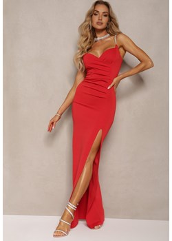 Czerwona Sukienka Koktajlowa na Ramiączkach z Trójkątnym Dekoltem i Rozcięciem Rovia ze sklepu Renee odzież w kategorii Sukienki - zdjęcie 172246661