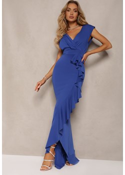 Niebieska Elegancka Sukienka Długa o Asymetrycznym Fasonie z Dekoltem w V i Falbaną Efimea ze sklepu Renee odzież w kategorii Sukienki - zdjęcie 172246701