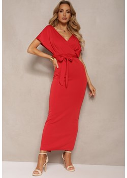 Czerwona Sukienka Koktajlowa z Trójkątnym Dekoltem i Materiałowym Paskiem z Rozcięciem Wilni ze sklepu Renee odzież w kategorii Sukienki - zdjęcie 172246721