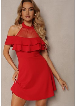 Czerwona Sukienka o Rozkloszowanym Kroju Typu Hiszpanka z Dekoltem z Siateczką i Stójką Quntia ze sklepu Renee odzież w kategorii Sukienki - zdjęcie 172246741