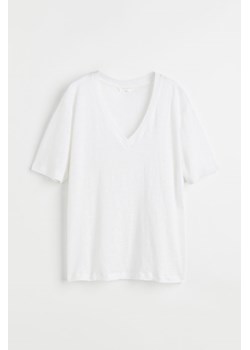 H & M - Dżersejowy lniany T-shirt z dekoltem w serek - Biały ze sklepu H&M w kategorii Bluzki damskie - zdjęcie 172250772