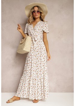 Biało-Różowa Sukienka z Wiskozy z Dekoltem w Serek z Gumką w Pasie i Materiałowym Paskiem Ganeslla ze sklepu Renee odzież w kategorii Sukienki - zdjęcie 172272101
