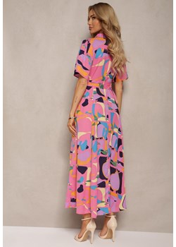 Różowa Koszulowa Sukienka w Abstrakcyjny Print z Materiałowym Paskiem w Talii Archbia ze sklepu Renee odzież w kategorii Sukienki - zdjęcie 172272222