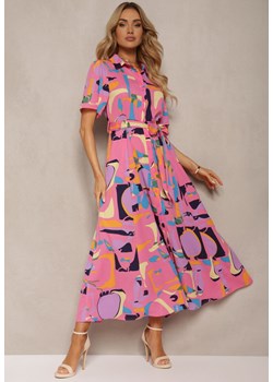 Różowa Koszulowa Sukienka w Abstrakcyjny Print z Materiałowym Paskiem w Talii Archbia ze sklepu Renee odzież w kategorii Sukienki - zdjęcie 172272223
