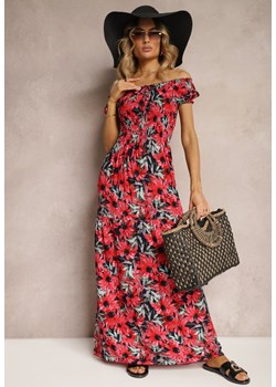 Granatowo-Czerwona Rozkloszowana Sukienka Hiszpanka z Wiskozy w Kwiatowy Wzór Viseria ze sklepu Renee odzież w kategorii Sukienki - zdjęcie 172272324