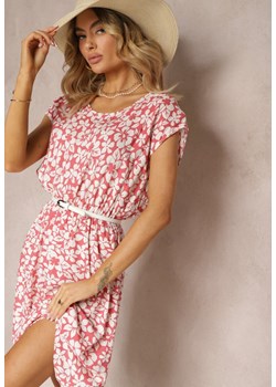 Różowa Kwiecista Sukienka z Krótkim Rękawem i Gumką w Talii Euremia ze sklepu Renee odzież w kategorii Sukienki - zdjęcie 172272364