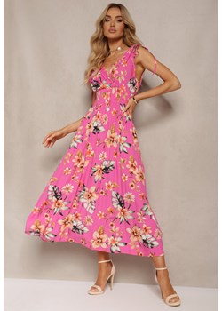 Różowa Kwiecista Sukienka z Gumką w Talii i Trójkątnym Dekoltem ze Ściągaczami Taseria ze sklepu Renee odzież w kategorii Sukienki - zdjęcie 172272512