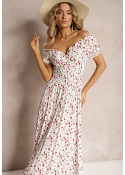 Biało-Różowa Wiskozowa Sukienka w Kwiaty z Trójkątnym Dekoltem i Gumką w Talii Lasteri ze sklepu Renee odzież w kategorii Sukienki - zdjęcie 172272572