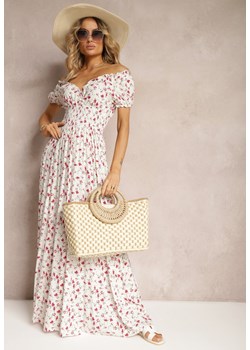 Biało-Różowa Wiskozowa Sukienka w Kwiaty z Trójkątnym Dekoltem i Gumką w Talii Lasteri ze sklepu Renee odzież w kategorii Sukienki - zdjęcie 172272573