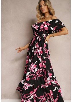 Czarno-Różowa Kwiecista Sukienka Typu Hiszpanka z Gumką w Talii i Materiałowym Paskiem Pori ze sklepu Renee odzież w kategorii Sukienki - zdjęcie 172272602