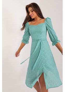 Midi sukienka z bufiastym rękawem miętowa ze sklepu 5.10.15 w kategorii Sukienki - zdjęcie 172272762