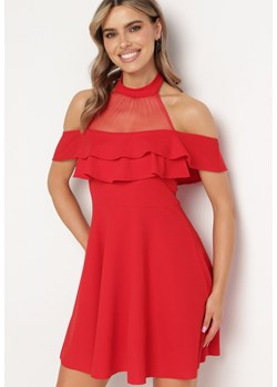 Czerwona Rozkloszowana Sukienka z Dekoltem ze Stójką i Siateczką Prantia ze sklepu Born2be Odzież w kategorii Sukienki - zdjęcie 172274972