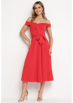 Czerwona Elegancka Sukienka o Fasonie Hiszpanki z Materiałowym Paskiem Xaelia ze sklepu Born2be Odzież w kategorii Sukienki - zdjęcie 172275130