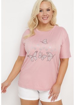 Jasnoróżowy T-shirt z Ozdobnym Nadrukiem i Cyrkoniami Moariss ze sklepu Born2be Odzież w kategorii Bluzki damskie - zdjęcie 172275512