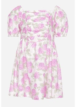 Różowa Bawełniana Sukienka w Kwiatowy Print z Bufiastymi Rękawami Flospia ze sklepu Born2be Odzież w kategorii Sukienki dziewczęce - zdjęcie 172275870