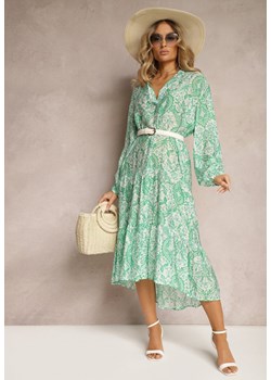 Zielona Kwiecista Sukienka o Rozkloszowanym Kroju z Dekoltem w Serek Nerpia ze sklepu Renee odzież w kategorii Sukienki - zdjęcie 172278351