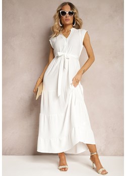 Biała Sukienka z Paskiem w Talii o Rozkloszowanym Fasonie bez Rękawów Ellasin ze sklepu Renee odzież w kategorii Sukienki - zdjęcie 172278584