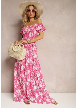 Różowa Kwiecista Sukienka o Rozkloszowanym Kroju z Marszczoną Górą Eliseria ze sklepu Renee odzież w kategorii Sukienki - zdjęcie 172278643