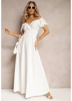 Biała Sukienka z Wiskozy z Gumką w Talii i Kopertowym Dekoltem Rhoneri ze sklepu Renee odzież w kategorii Sukienki - zdjęcie 172278653