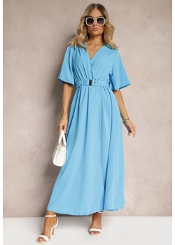 Niebieska Kopertowa Sukienka z Gumką w Talii i Paskiem Amperi ze sklepu Renee odzież w kategorii Sukienki - zdjęcie 172278673