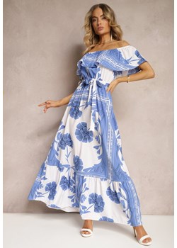 Niebieska Hiszpanka Sukienka z Gumką w Talii i Materiałowym Paskiem z Falbankami Xoneri ze sklepu Renee odzież w kategorii Sukienki - zdjęcie 172278683