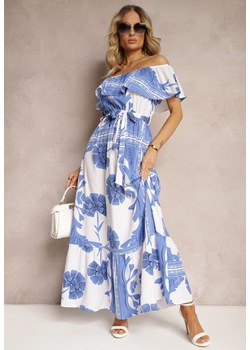Niebiesko-Biała Hiszpanka Sukienka z Gumką w Talii i Materiałowym Paskiem z Falbankami Xoneri ze sklepu Renee odzież w kategorii Sukienki - zdjęcie 172278684