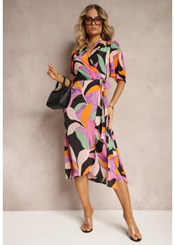 Czarno-Fioletowa Kopertowa Sukienka z Materiałowym Paskiem w Talii Ruspia ze sklepu Renee odzież w kategorii Sukienki - zdjęcie 172278693