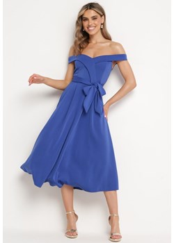 Niebieska Elegancka Sukienka o Fasonie Hiszpanki z Materiałowym Paskiem Xaelia ze sklepu Born2be Odzież w kategorii Sukienki - zdjęcie 172279204