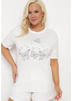 Biały T-shirt z Ozdobnym Nadrukiem i Cyrkoniami Moariss ze sklepu Born2be Odzież w kategorii Bluzki damskie - zdjęcie 172279710