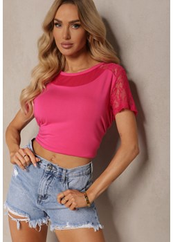 Różowy Wiskozowy T-shirt Koszulka z Krótkim Rękawem i Koronką Liada ze sklepu Renee odzież w kategorii Bluzki damskie - zdjęcie 172283494