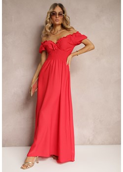 Czerwona Sukienka z Wiskozy z Gumką w Talii i Kopertowym Dekoltem Rhoneri ze sklepu Renee odzież w kategorii Sukienki - zdjęcie 172283774