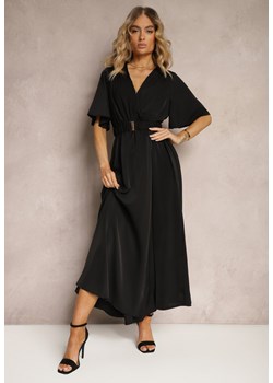 Czarna Kopertowa Sukienka z Gumką w Talii i Paskiem Amperi ze sklepu Renee odzież w kategorii Sukienki - zdjęcie 172283790