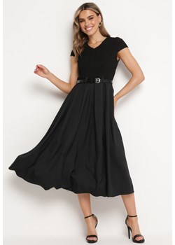 Czarna Rozkloszowana Sukienka z Paskiem z Imitacji Skóry Drinna ze sklepu Born2be Odzież w kategorii Sukienki - zdjęcie 172284491