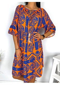 Pomarańczowo-Kobaltowa Wzorzysta Sukienka ze sklepu ModnaKiecka.pl w kategorii Sukienki - zdjęcie 172290050